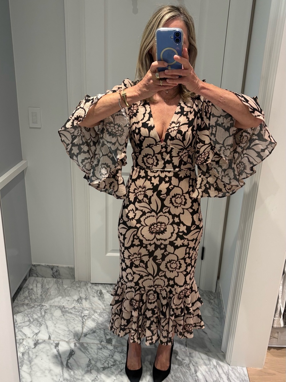 Smythe Black & Cream Floral V-Neck Midi Dress